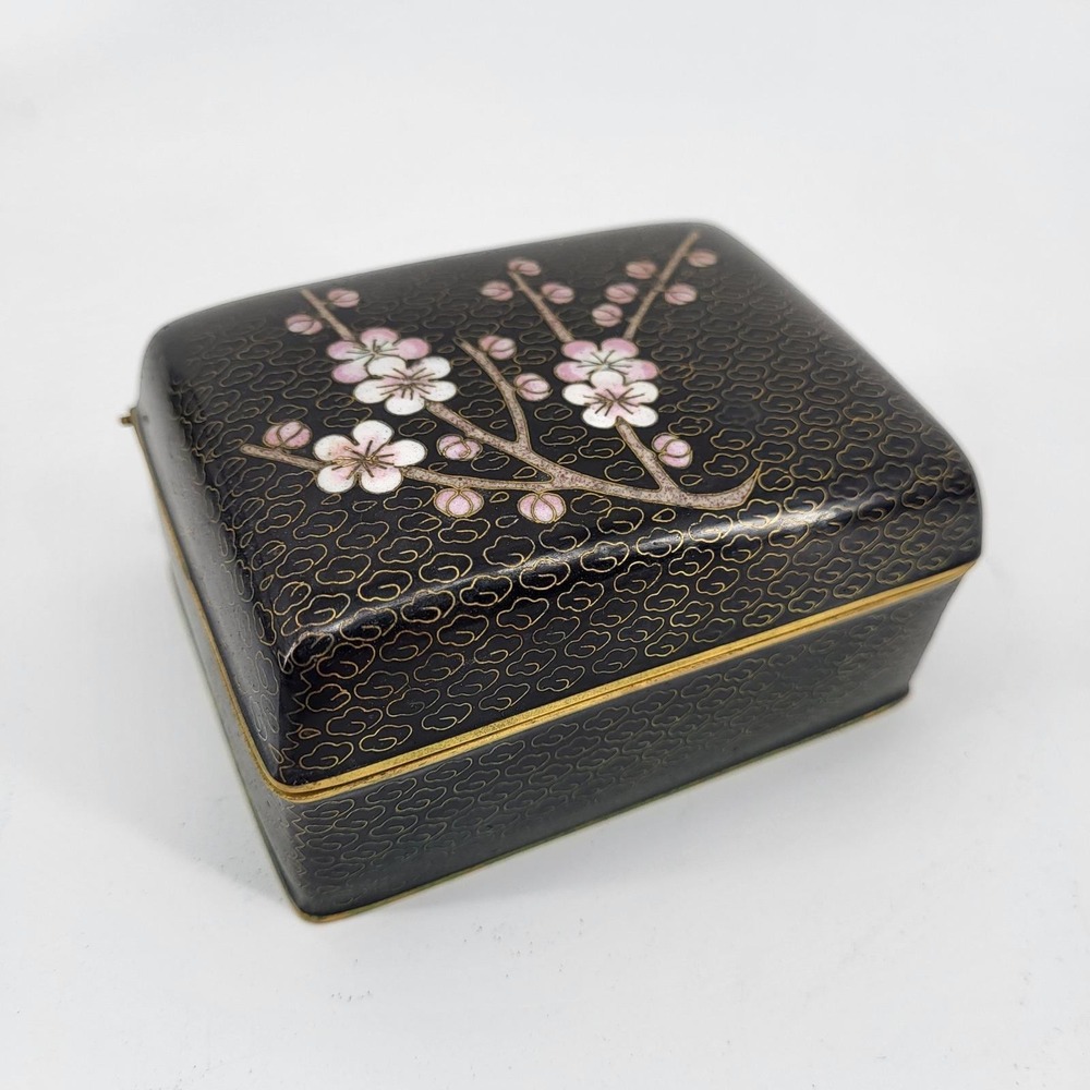Vintage Chinese Cloisonne Trinket Box Black Cherry Blossom Floral Enamel Hinged